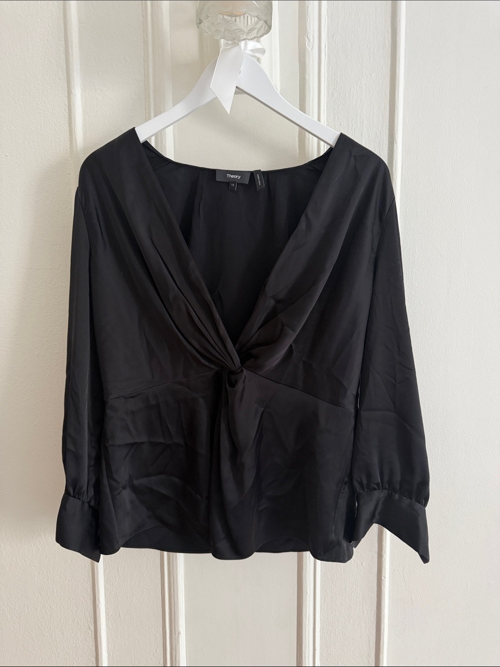 Theory Black Twist-Knot V-Neck Silk Blouse